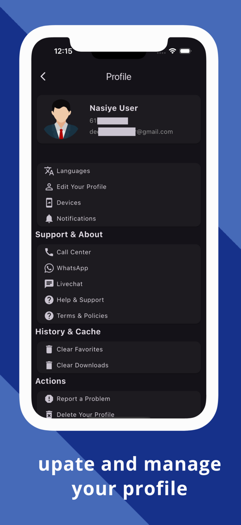 Nasiye app profile screen showing account management settings and support options including WhatsApp and call center contact.
