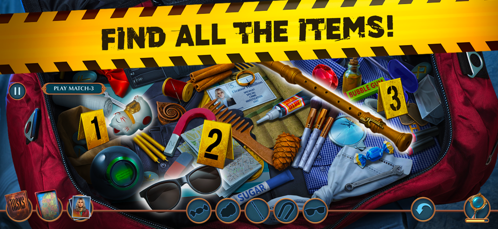 Hidden Objects: Deathly Trick - Hidden object puzzle gameplay showing a suitcase full of items and evidence markers in Twin Mind Deathly Trick