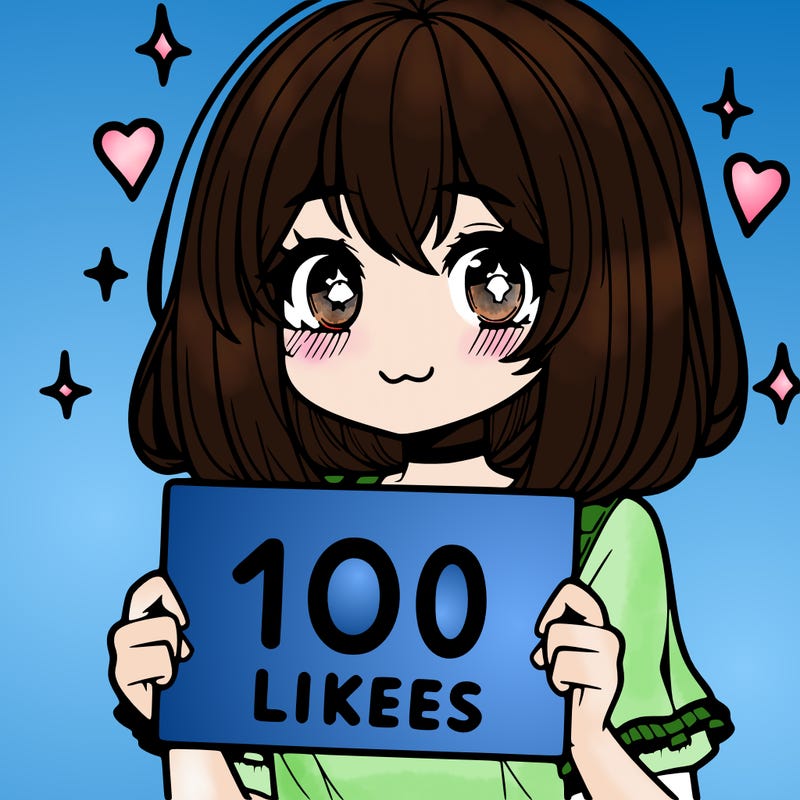 anima girl holding a 100 likes sign in her hand
