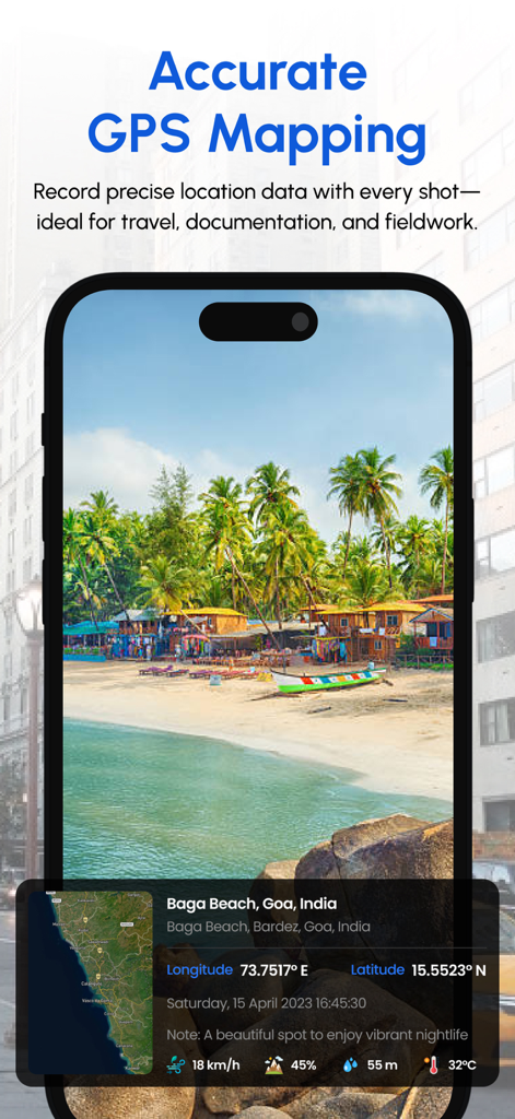 GPS Map Camera & Video Capture - A smartphone screen showing a beach photo with a GPS mapping overlay including coordinates and location details