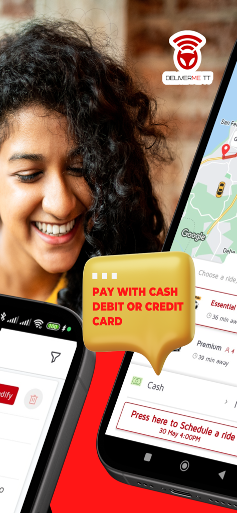 A woman smiling while using the DeliverMe TT app which features cash and credit card payment options