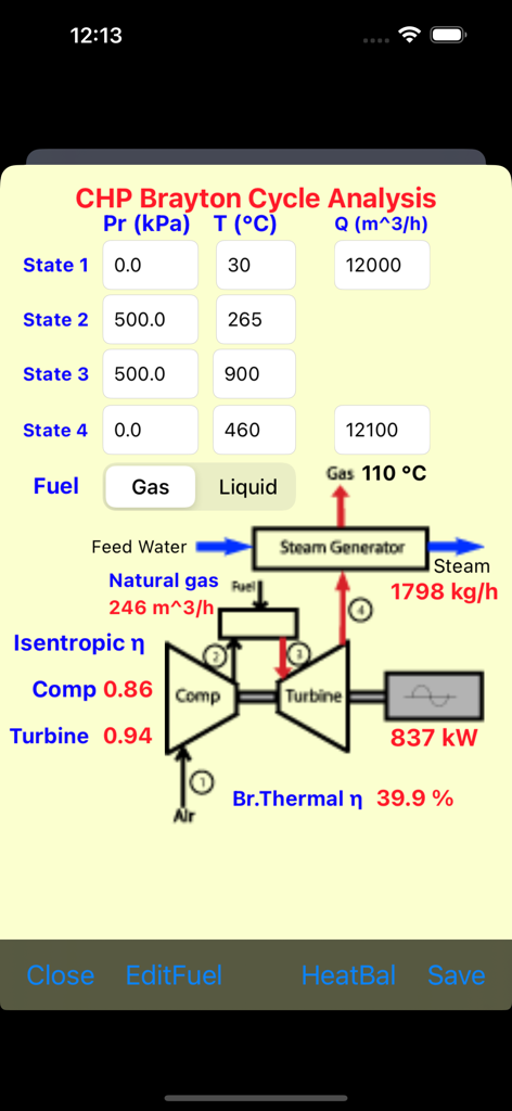 Mobile App-Oberfläche, die die KWK-Brayton-Zyklusanalyse mit Dateneingaben für Druck und Temperatur neben einem technischen Schema eines Turbinen- und Dampferzeugersystems anzeigt