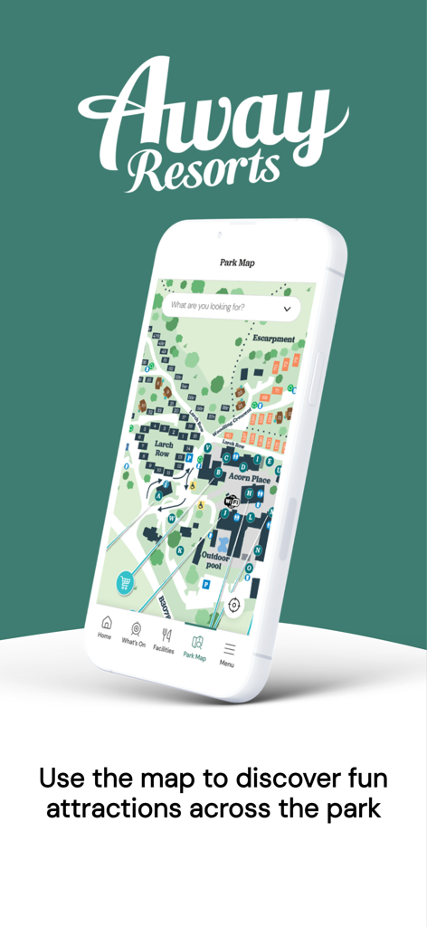 Away Resorts - Away Resorts mobile app displaying an interactive park map with various resort facilities