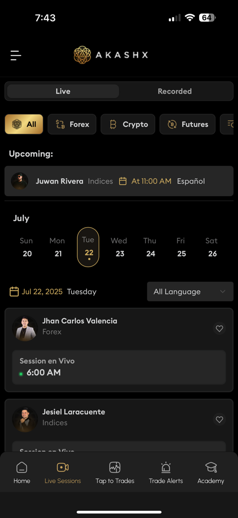 The Akashx app live sessions screen showing a daily schedule of trading webinars for Forex and Crypto
