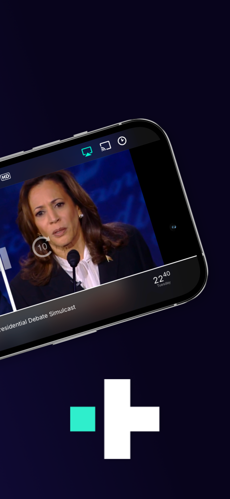 Truth+ - Truth Plusアプリのインターフェースに、スマートフォンでライブニュース放送が表示されています。