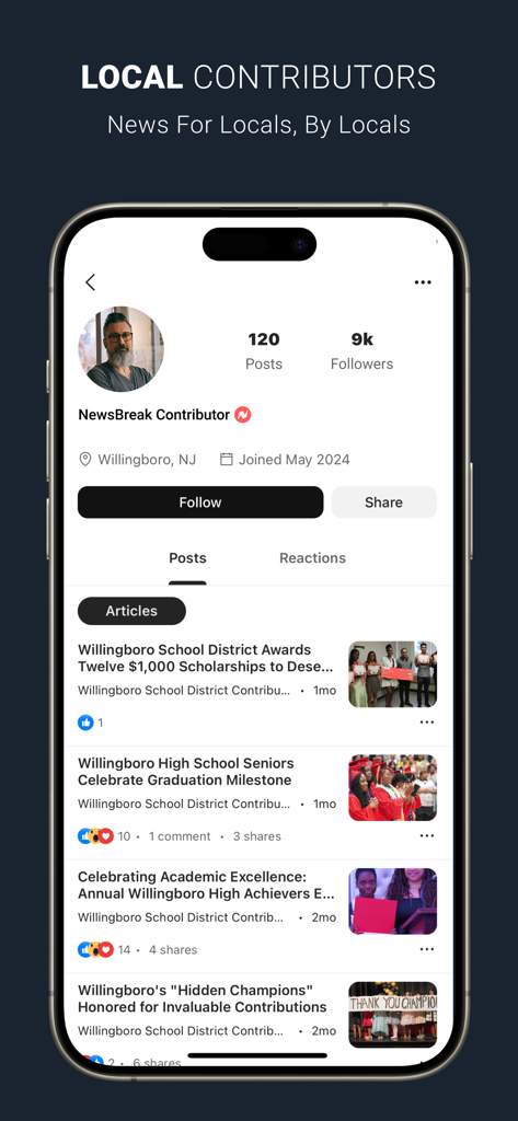 NewsBreak app interface displaying a local contributor profile with community news and school updates.