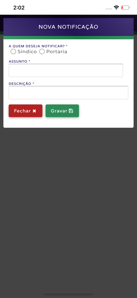 Interfaz de aplicación móvil para enviar una nueva notificación a un administrador de propiedad o recepción.