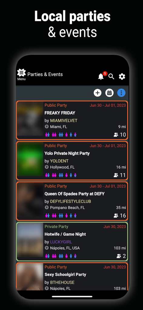A list of local lifestyle parties and social events within the SDC Adult Dating app interface.
