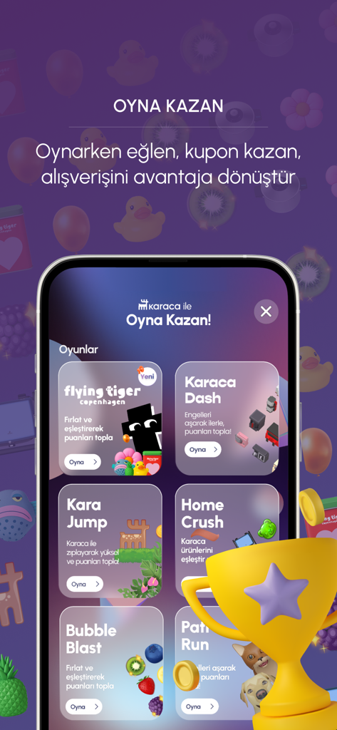 Karaca: Ev & Yaşam Alışverişi - Interfaz de la aplicación Karaca que muestra la pantalla de gamificación Oyna Kazan donde los usuarios juegan minijuegos para ganar cupones de compra y recompensas