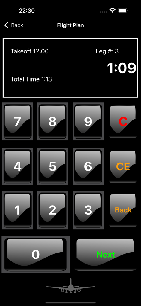 Flight-Time - Interfaccia dell'app Flight-Time che mostra un calcolatore di tempo per il piano di volo con tastierino numerico e dettagli delle tratte di volo.
