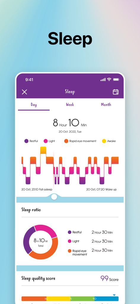 TIKKERS TIME - Captura de pantalla de la aplicación Tikkers Time mostrando datos de seguimiento del sueño con la duración del sueño, un gráfico de ciclos de sueño y una puntuación de calidad del sueño.