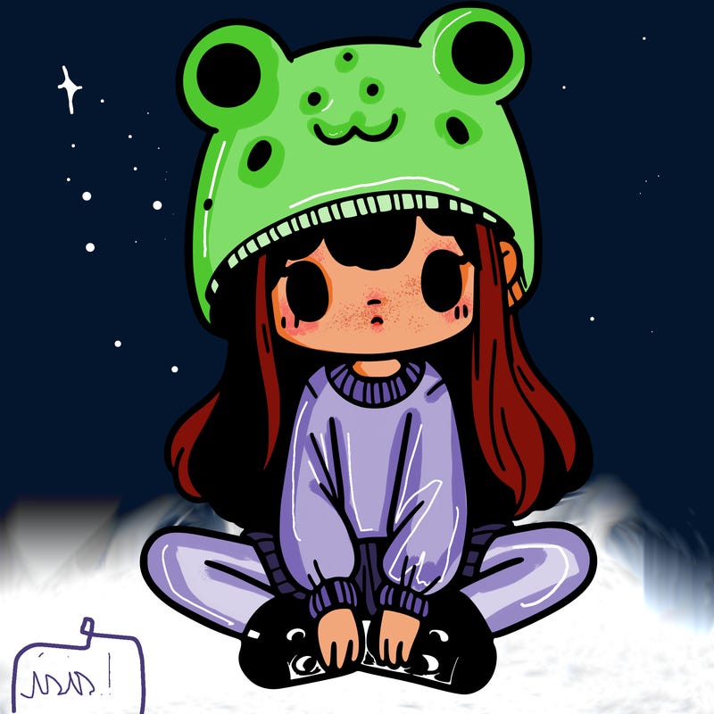 a girl wearing a frog hat and some frog socks