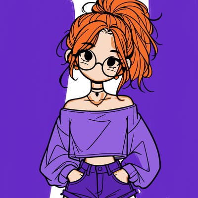 girl with a messy ponytail glasses a baggy crop top and jean shorts