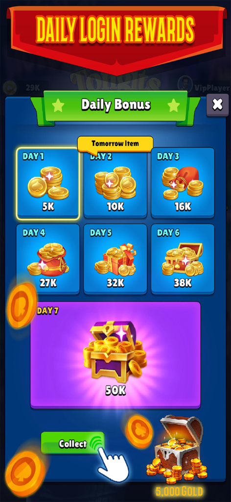 Tongits Offline Zola - Daily login rewards screen in Tongits Offline Zola showing gold coin bonuses for seven days.