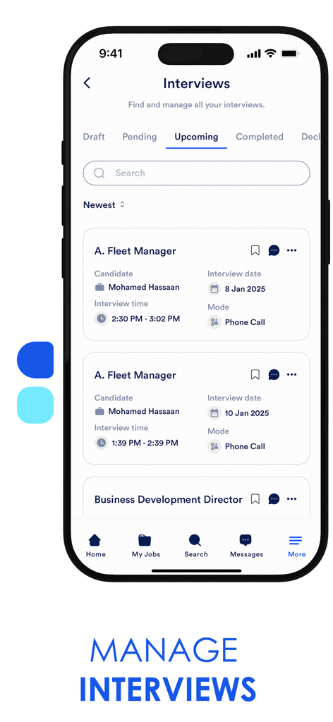 Imploy - Recruiter dashboard in the Imploy app displaying a list of upcoming interviews with candidate names and scheduled times