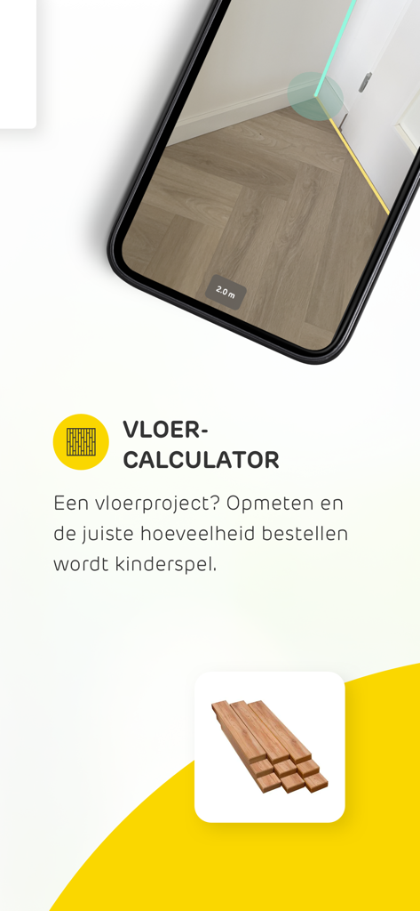 Strumento calcolatore di pavimenti dell'app Brico che mostra uno smartphone che misura un pavimento in legno con tecnologia AR