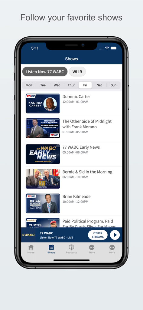 A screenshot of the 77 WABC app displaying the daily radio show schedule and hosts.