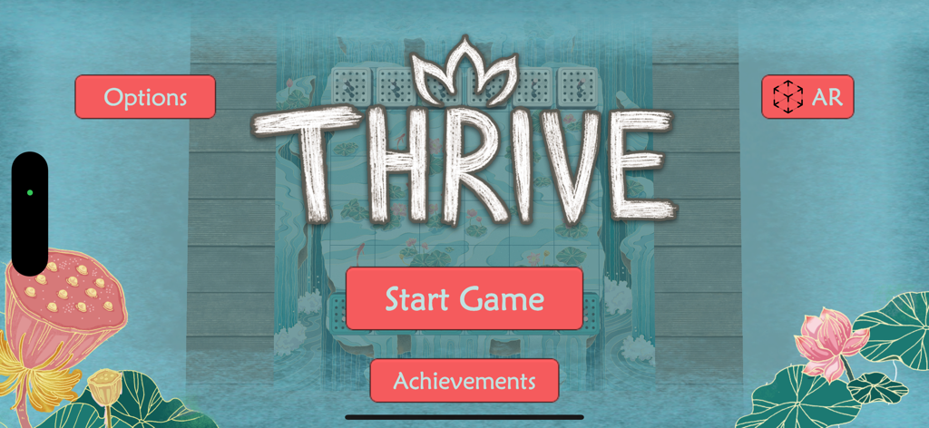 Thrive Board Game - Das Hauptmenü der Thrive Brettspiel-App mit einem ruhigen floralen Kunststil und Optionen zum Starten eines Spiels oder zur Verwendung des AR-Modus.