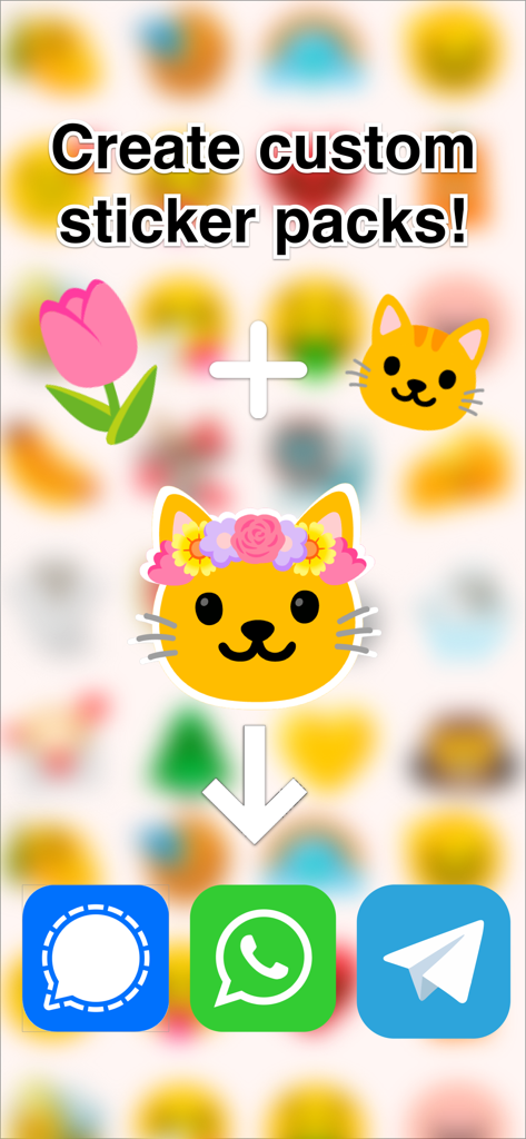 Interface showing the combination of a flower and cat emoji into a custom sticker for WhatsApp and Telegram
