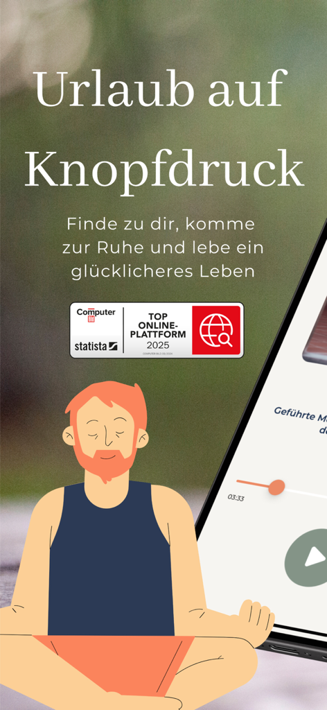 Achtsamkeitsakademie - Illustration eines Mannes, der mit deutschem Text und einem Award-Badge für die Achtsamkeitsakademie-App meditiert.