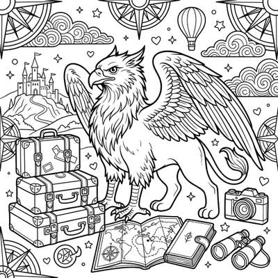 Embark on a mythical journey with this captivating griffin vacation coloring page, designed especially for teens. Explore intricate details of travel essentials and fantastical landscapes as you bring this adventure to life.