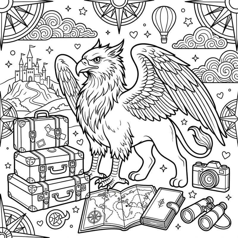 Embark on a mythical journey with this captivating griffin vacation coloring page, designed especially for teens. Explore intricate details of travel essentials and fantastical landscapes as you bring this adventure to life.