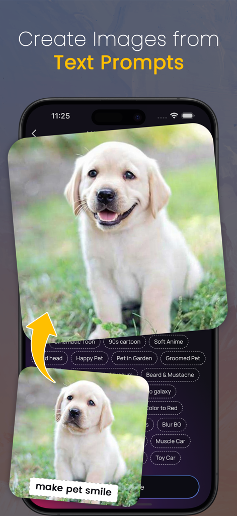 AI Photo Editor : ImageAI - Une capture d'écran de l'application ImageAI montrant comment modifier une photo d'animal avec une invite textuelle pour faire sourire un chien