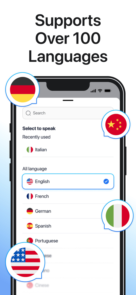 Say: Instant Audio Translator - Pantalla de smartphone que muestra la aplicación de traducción SAY con una lista de idiomas compatibles e iconos de banderas internacionales
