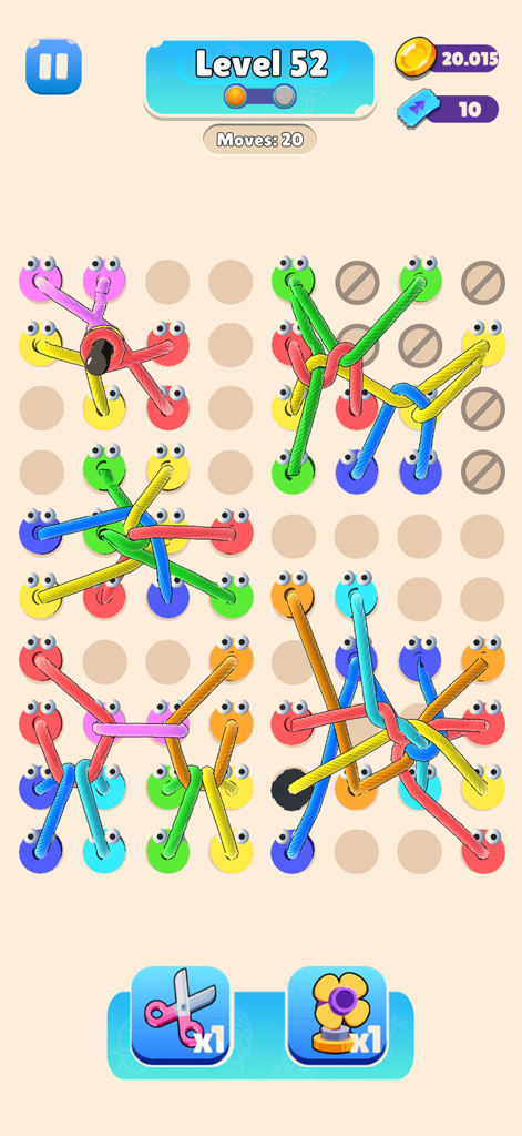 Rope Tangle 3D - Puzzle Game - A 3D puzzle board with colorful tangled ropes and eye pins on a grid in level 52 of the game