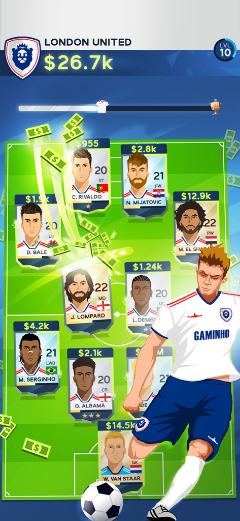 A screenshot of Idle Eleven showing soccer player cards on a pitch with flying money.
