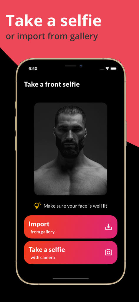 BestYou AI - Face rate & Umax - BestYou AI app interface for uploading or taking a front selfie for facial rating and analysis.