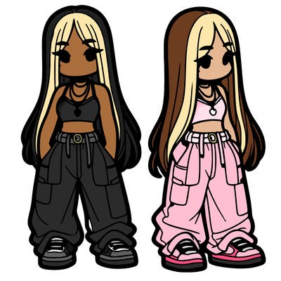 girl in baggy pants crop top and long hair