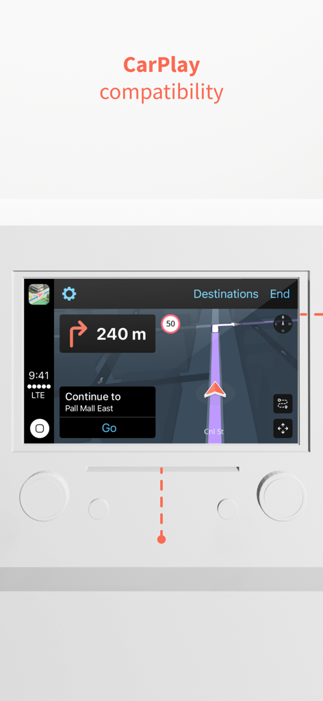 Karta GPS - Offline Maps Nav - Karta GPS Navigations-App-Interface auf einem Auto-Dashboard-Bildschirm mit CarPlay-Kompatibilität