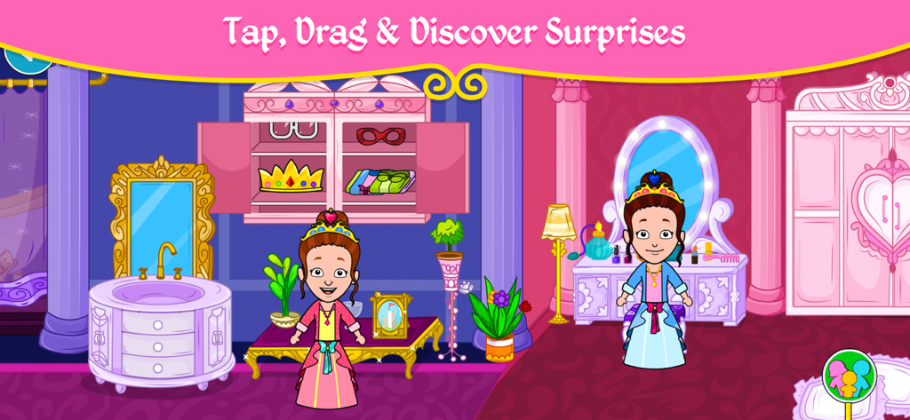 Two cartoon princess characters in a pink royal dressing room with a vanity mirror and wardrobe