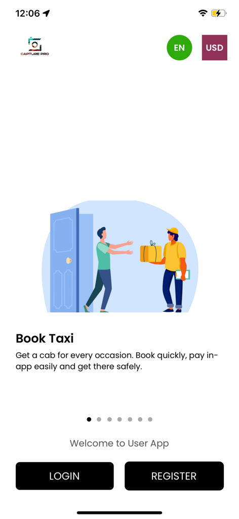 Capture Pro App - Capture Proアプリのモバイル画面、タクシー予約機能とログイン/登録ボタンが表示されています