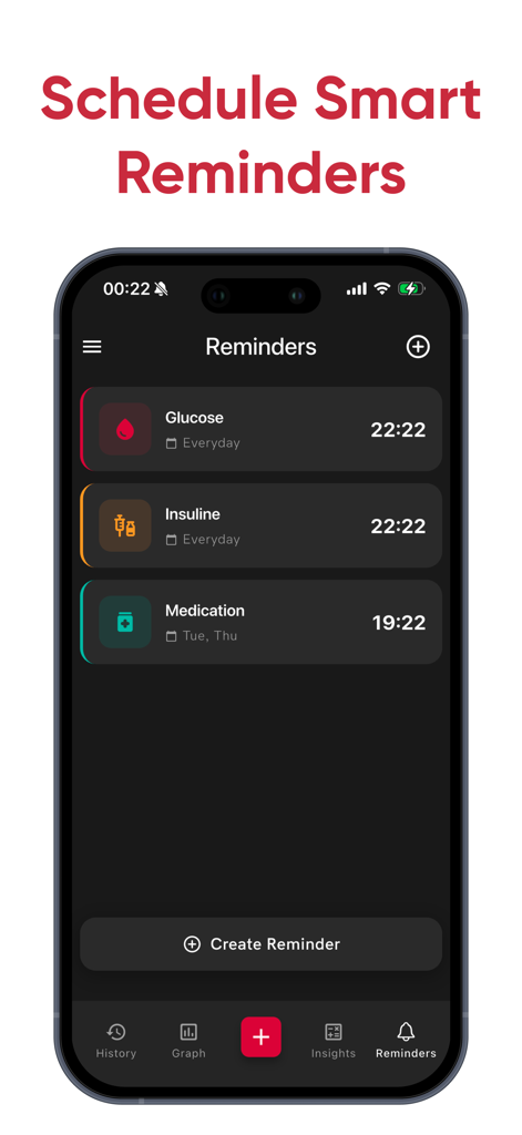 Gluco - Blood Glucose Monitor - User interface of the Gluco app showing scheduled reminders for glucose checks and insulin doses