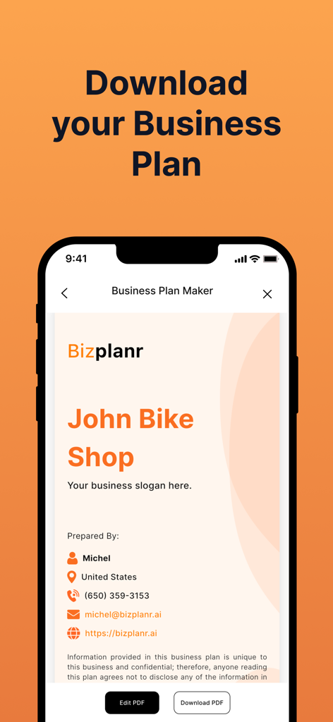 Bizplanr - AI Business Planner - Bizplanr app screen showing a professional business plan for John Bike Shop with an option to download the PDF.
