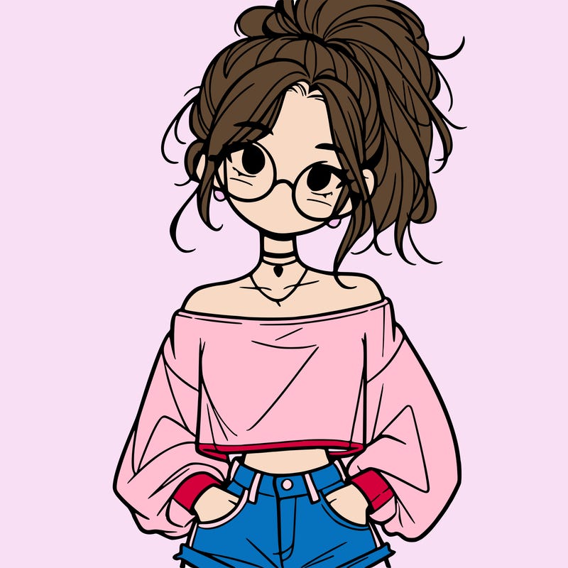 girl with a messy ponytail glasses a baggy crop top and jean shorts