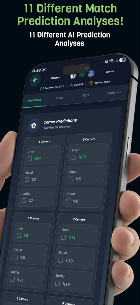 AI ScoreCast PRO Mobile-Oberfläche mit Over/Under-Vorhersageprozenten für Eckstöße eines Premier-League-Spiels