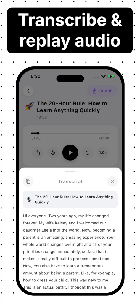 AI Note Taker - Cobnote - A mobile app screenshot showing the transcription and audio playback features of Cobnote.
