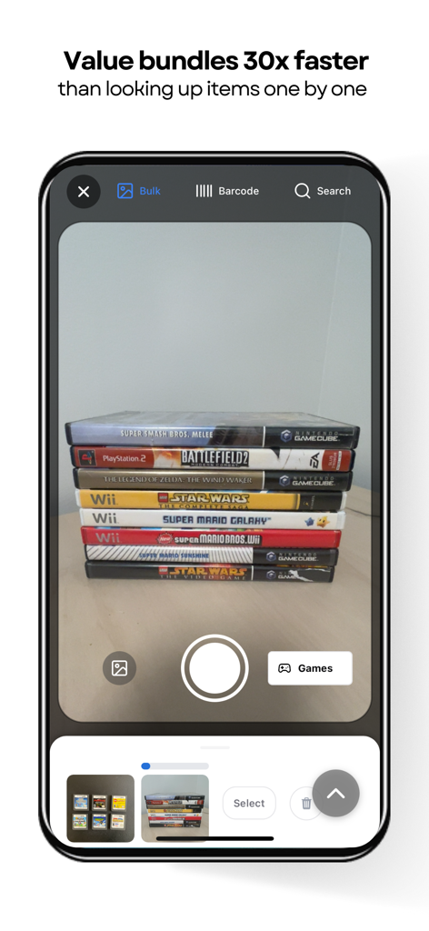 Flippr: Find, Sell, Earn - Flippr mobile app scanning a stack of video games for fast market valuation