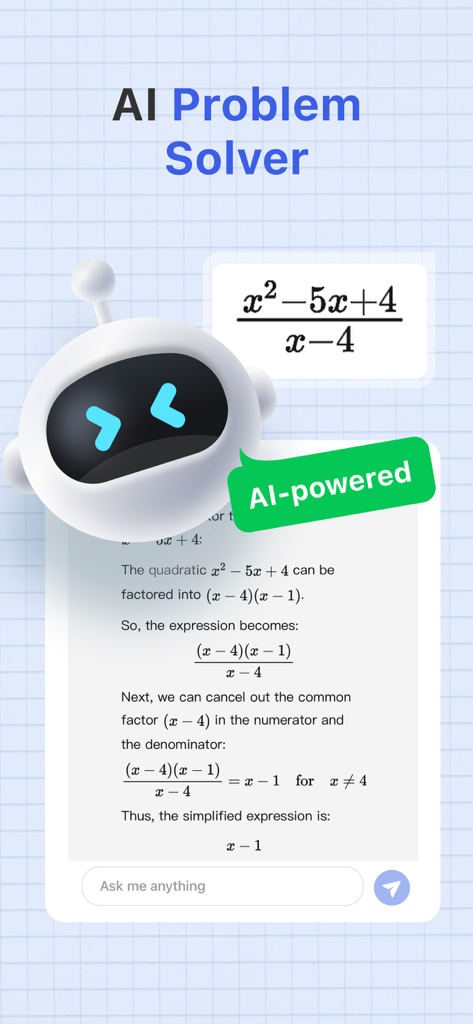 GradeUp AI Problem Solver showing a step by step math solution