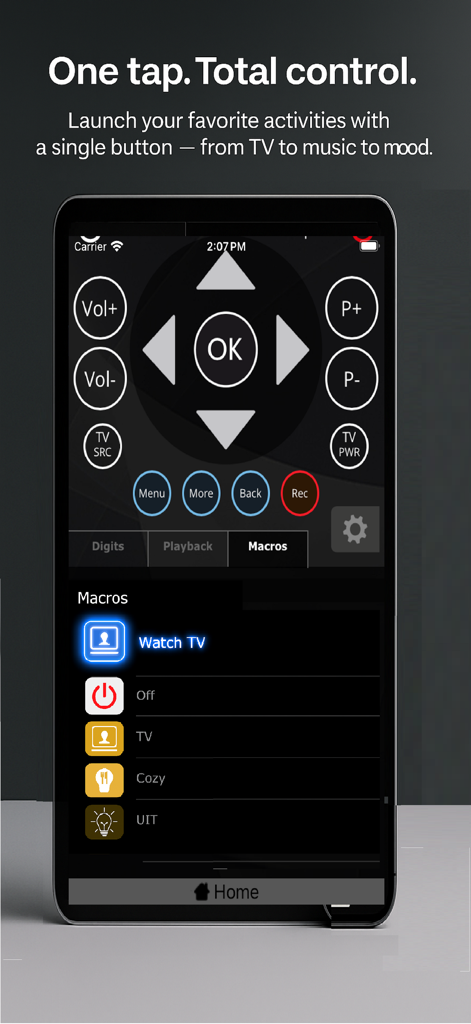 MyURemote - Universal Remote - MyURemote universal remote app interface showing one tap control macros.