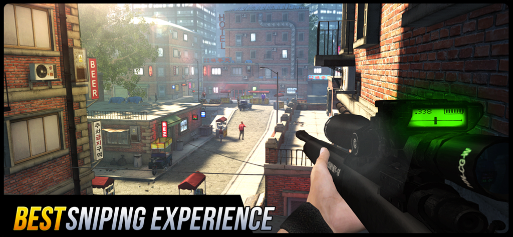 Sniper Honor: 3D Shooting Game - First person view of a sniper rifle aimed at an urban city street in Sniper Honor