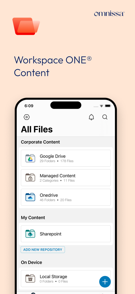 Interfaz de la aplicación móvil Workspace ONE Content mostrando repositorios de archivos integrados, incluidos Google Drive, OneDrive y SharePoint.