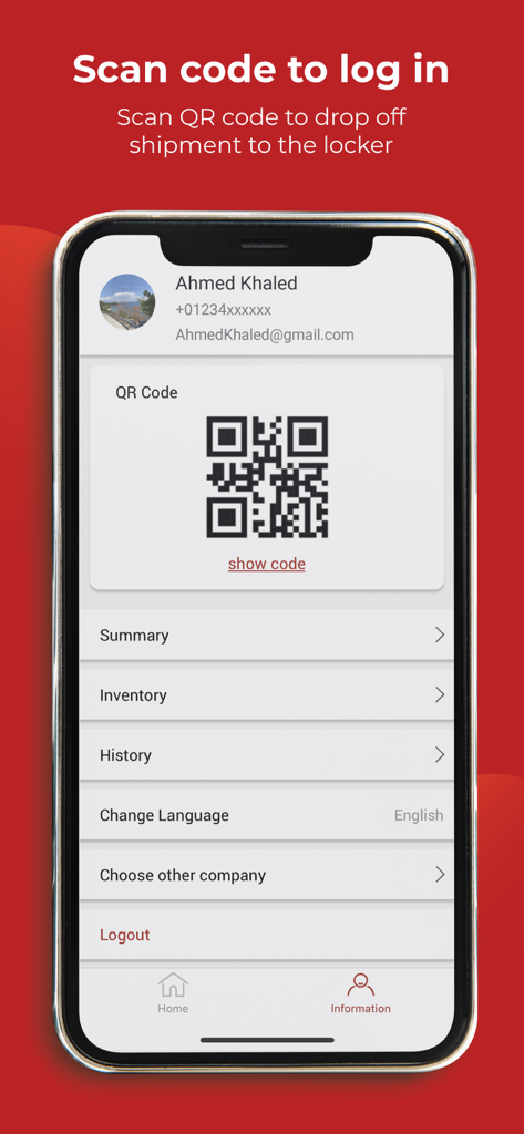 RedBox Drivers - RedBox Drivers mobile app screen displaying a user profile with a QR code for locker shipment drop off