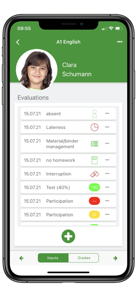 FlixGRADE  - a teacher planner - Visualização móvel do aplicativo FlixGRADE mostrando uma tela de avaliação do aluno com registros de participação e frequência.