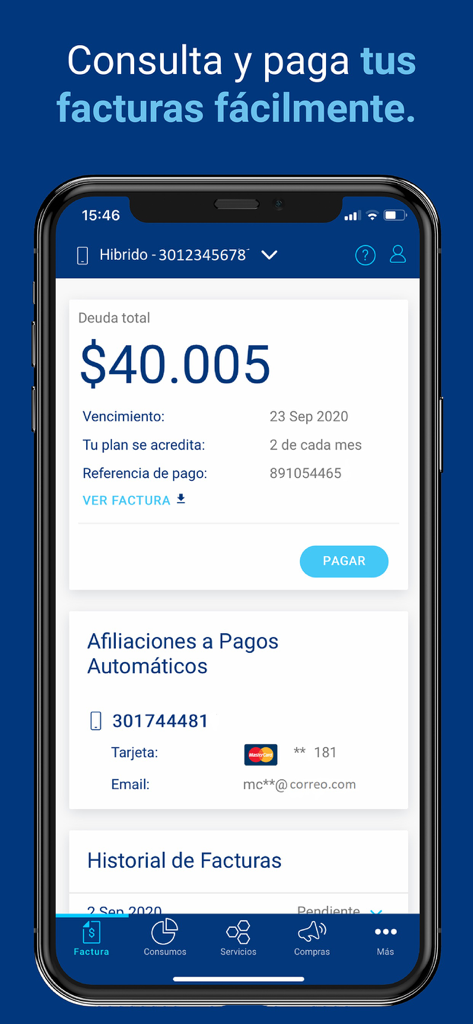 Interfaz de la app Mi Tigo Colombia mostrando detalles de pago de facturas y opciones de pago automático.