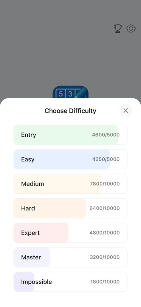 Sudoku Custom: Solve & Learn - Écran de l'application Sudoku Custom montrant sept niveaux de difficulté allant de l'Entrée à Impossible avec des compteurs de progression.