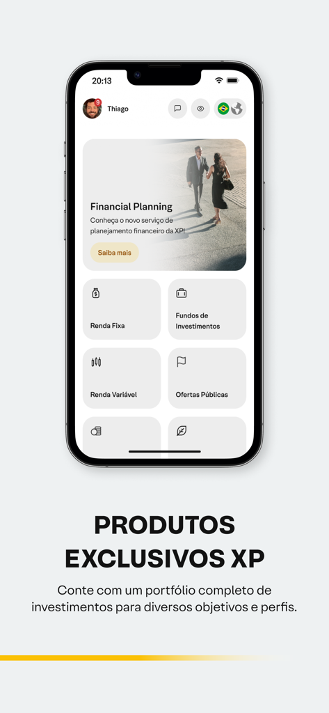 XP Investimentos - Die XP Investimentos App-Oberfläche zeigt verschiedene Anlagekategorien und Finanzplanungsmöglichkeiten